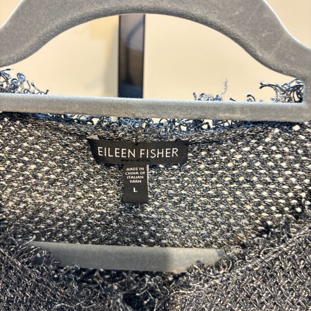 Eileen Fisher Linen Cotton Knit Snap Front Long Sleeve Fringe Cardigan Gray - Picture 2 of 8